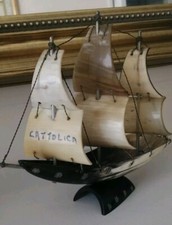 Vintage Model Three Mast Sailing Ship Boat. Ornament. Cattle horn