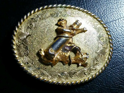 Raintree 1978 Goldtone Belt Buckle Cowboy Roping Beer Bottle 