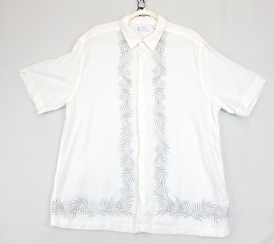 Cafe Luna Linen Blend Button Up Shirt Leaf Print White Men XL Short Sleeve