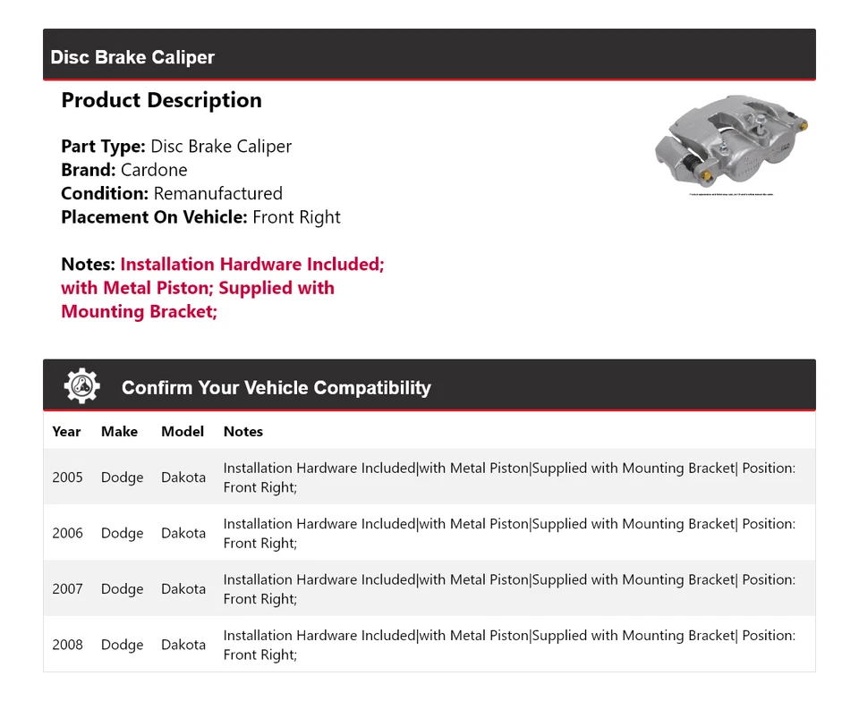 For 2005-2008 Dodge Dakota Disc Brake Caliper Front Right Cardone 2006 2007 - Image 2 of 4