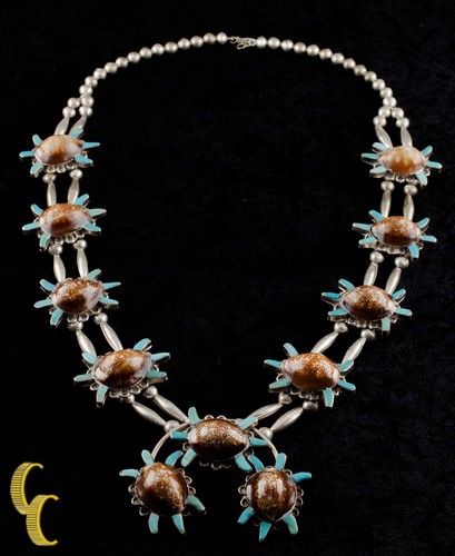 Navajo Marrone Punteggiato Cover & Turchese Argento Sterling Naja Collana