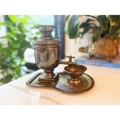 Antique Late 1800s Russian Samovar Brass Tea Kettle Set with Tray and Drip Bowl