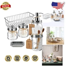 Elevate Your Bath: 6Pc Mason Jar Organizer Set, Brushed Nickel, Farmhouse Style