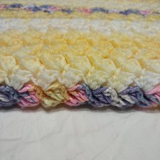 Yellow w Pastel Stripe Hand Crocheted Soft Knit Baby Blanket Throw Afghan Unisex