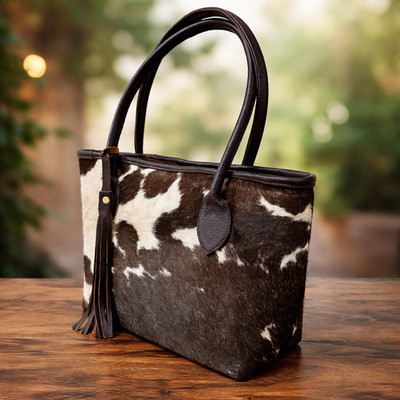 Tote Bag for Women-Pure Pony Skin Cow Hide Hair on Leather Handbag.