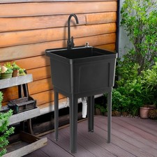 Garage Freestanding Plastic Utility Sink with Hot/Cold Faucet & Soap Dispenser
