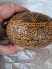 Vintage Peruvian Mate Burilado Hand Carved Etched Gourd Folk Art Signed Story
