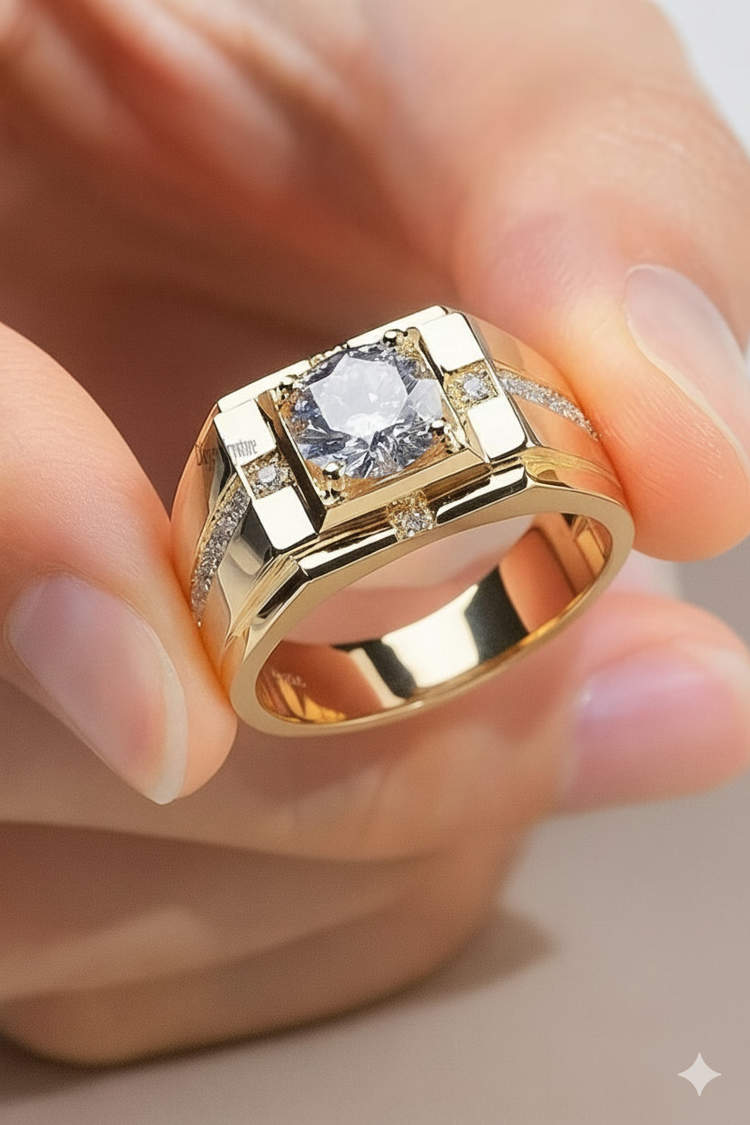 MOISSANITE corte redondo gran solitario para hombre 925 plata 14k oro...