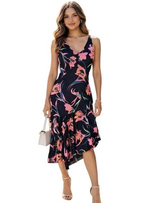 Milly Dress Womens 4 Black Floral V Neck Asymmetrical Hem Midi  Romantic Spring