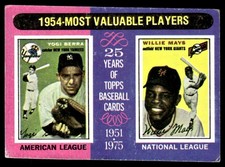 1975 Topps Baseball Card Yogi Berra Willie Mays MVP 1954 #192 VG