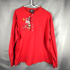 Vintage 90s Looney Tunes Embroidered Cartoon Long Sleeve Henley Shirt Large Hole