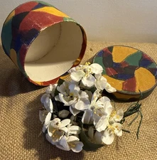 Small  Round Bandbox Hatbox w/ Fabric Flowers Label on Bottom