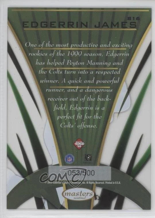 1999 Collector's Edge Masters Sentinels /500 Edgerrin James #S16 Rookie RC HOF - Image 2 of 2