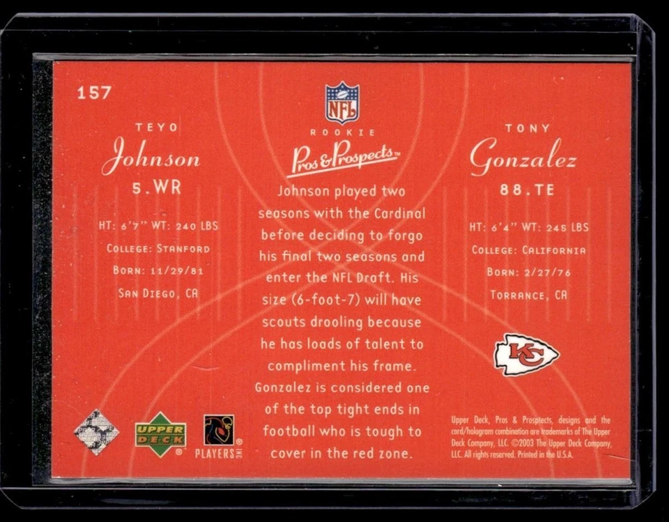 2003 Upper Deck Pros & Prospects Rookie Teyo Johnson / Tony Gonzalez 0680/1800 - Image 2 of 2