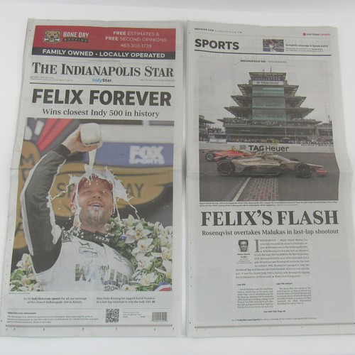 2026 Indy 500 May 24, The Indianapolis Star Newspaper Winner Felix Rosenqvist