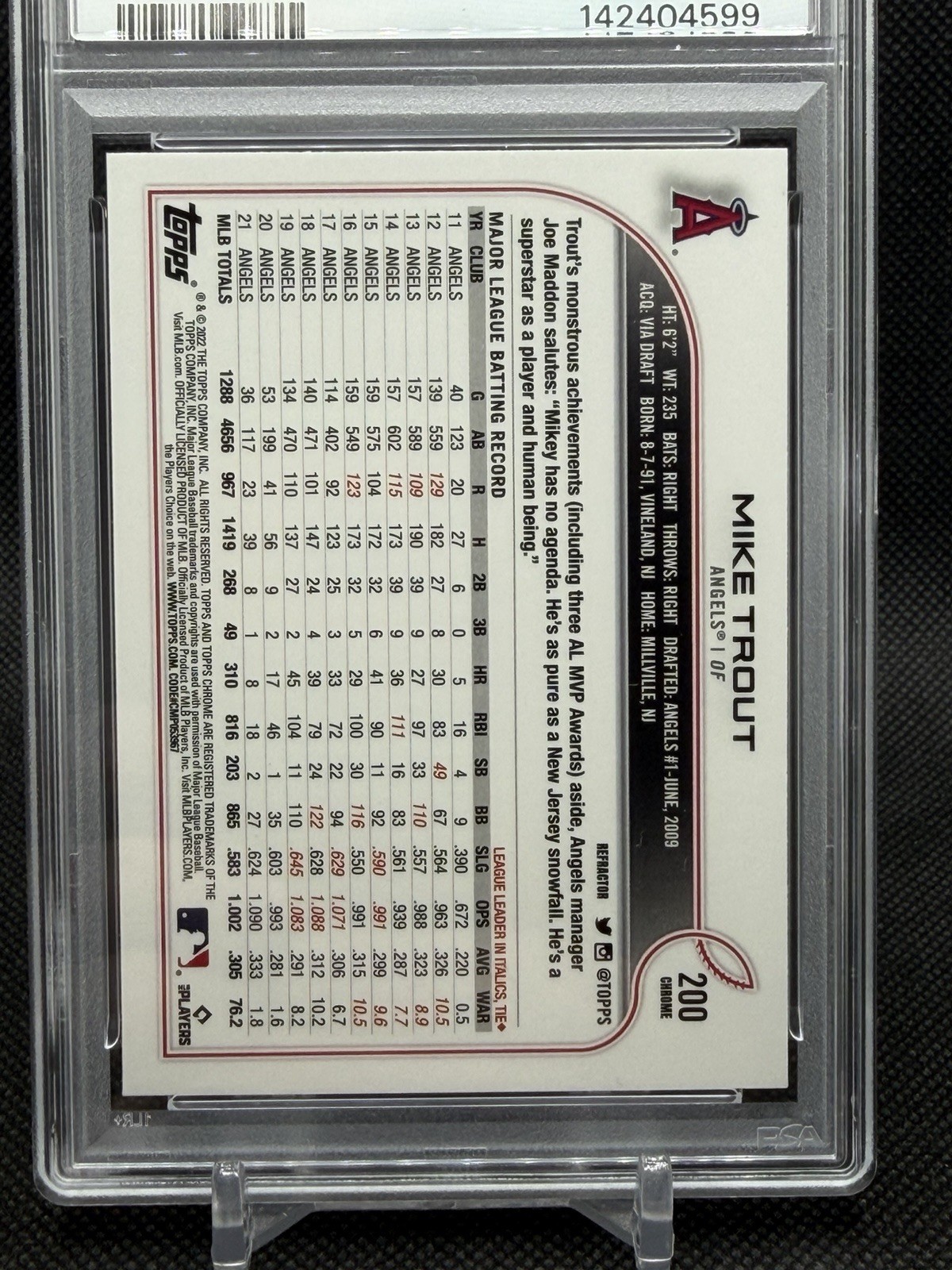 2022 Topps Chrome Mike Trout Refractor #200 Angels PSA 10 GEM MINT view 3
