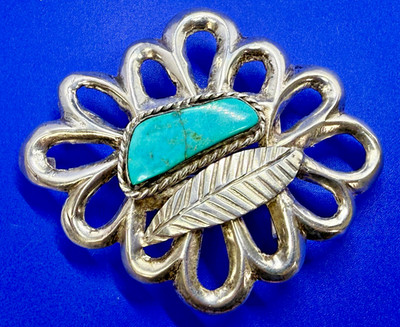 Native American Indian Sandcast 900 Silver Belt Buckle Turquoise Stone & Feather