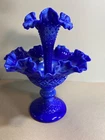 Rare Fenton Cobalt Blue Slag Glass Diamond Lace Epergne/Single Horn 10"x 8"