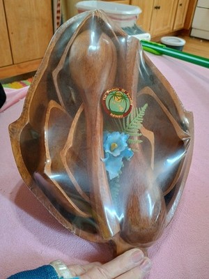 Vintage Monkey Pod 7 pc Salad Bowl Set -1 Large Bowl 4 Small,2 Serving Spoons 