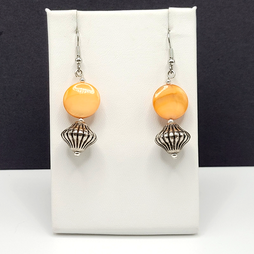 Orange Abalone Shell MOP Round Disc Silver Tone SW Style Pierced Hook Earrings - Picture 17 of 24