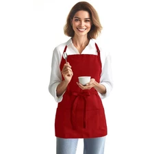 Chef Apron 3 Pockets Short Adjustable Halter Apron for Women Server, Black Red