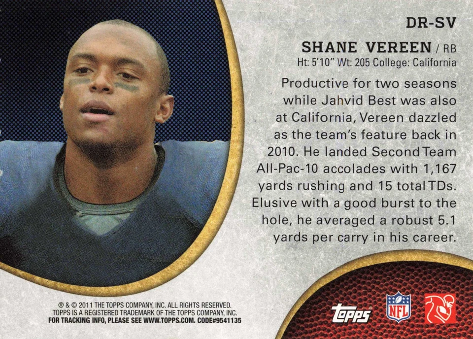 SHANE VEREEN 2011 Topps Rising Rookies #DR-SV Cal Bears RC Football Card - Image 2 of 2