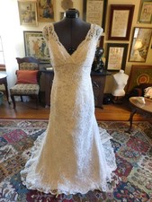 BEAUTIUL OFF WHITE BEADED LACE "DAVID'S" WEDDING GOWN S 8