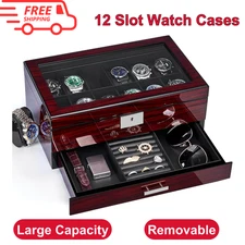 Watch Box 12 Slot Cases For Men W Large Lid Jewelry Storage 2-Tier Paint Surface