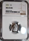 NGC MS-65 BN 1911-P Lincoln Cent, Blazing, Beautifully Toned Gem!