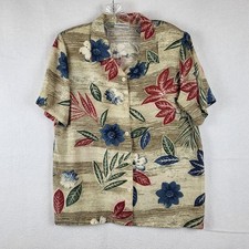 Alfred Dunner Vintage 90s Tropical Floral Button Down Blouse Tan Blue Red Sz 12