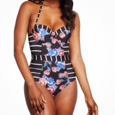 Modcloth Medium Multicolor Floral Stripes Harper One Piece Swimsuit