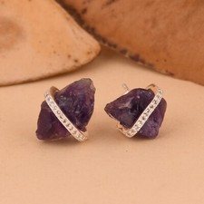 Natural Raw Amethyst Crystal Stud Earrings Sterling Silver Gemstone Jewelry