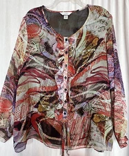 CJ Banks Womens Plus 1X Chiffon Semi Sheer Multi Color Floral Shirt Top Blouse