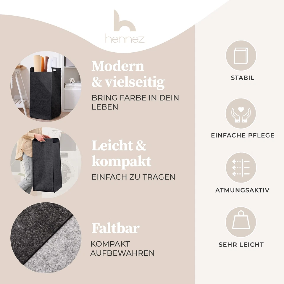 Wäschekorb Filz schmal zusammenklappbar - Wäschesack Groß für Schmutzwäsche W... - Bild 3 von 4