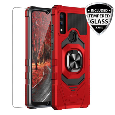 For AT&T Maestro 3 Phone Case Metal Ring Magnetic Support Stand +Tempered Glass