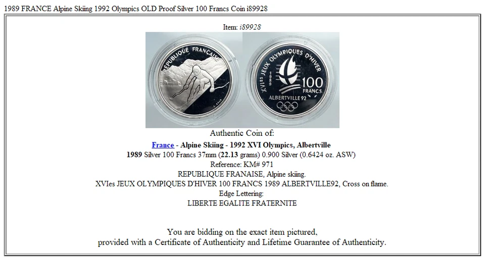 Moneda de 100 francos de plata de prueba antigua de los Juegos Olímpicos de 1992 Francia 1989 esquí alpino i89928 Foto 3 de 3