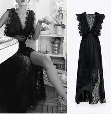 ZARA V-Neck Pleated Lace long Dress BNWOT   Size M ref 8741/231