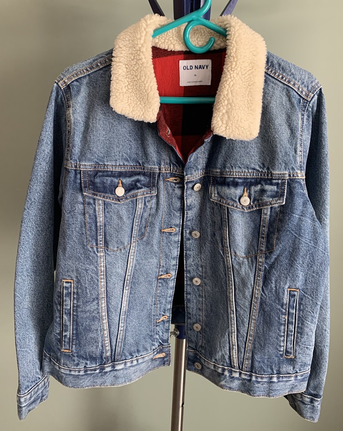 Old Navy Denim Jacket Red Flannel Lining-Sherpa Collar Mens XL