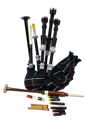 Highland Scottish Bagpipe Great MacKanzie Cover black Silver Mounts & Tutor book