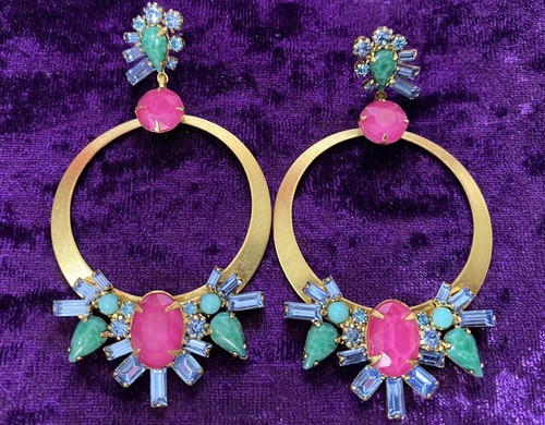 Elizabeth Cole Pink Crystal Drop Dangle Earrings Speckled Cabs Hoops Post Glam - Picture 6 of 9