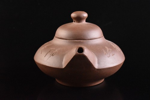 T6699: Chinese Brown pottery Poetry sculpture TEAPOT Kyusu Sencha, auto - Picture 5 of 9