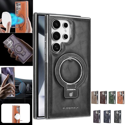 For Samsung Galaxy S24 Ultra S23+ Magnetic Case with Ring Stand Luxury Leather
