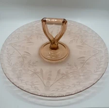 Vintage Pink Glass Tidbit Serving Tray W/ Center Handle Round Etched Floral