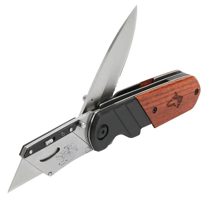 Husky 2-in-1 FOLDING UTILITY KNIFE & SPORTING KNIFE, QUICK-CHANGE BLADE  Wooden