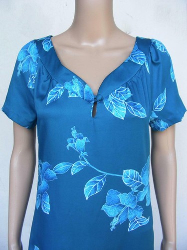 Hilo Hattie Vtg Aloha Maxi Dress S Tropical Floral Silky Teal Turquoise Blue - Picture 3 of 8