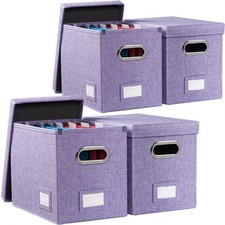 File Organizer Box - Set of 4 Collapsible Decorative Linen Filing Storage Han...