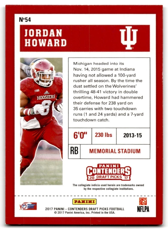 2017 Panini Contenders Draft Picks #54 Jordan Howard Indiana Hoosiers - Image 2 of 2