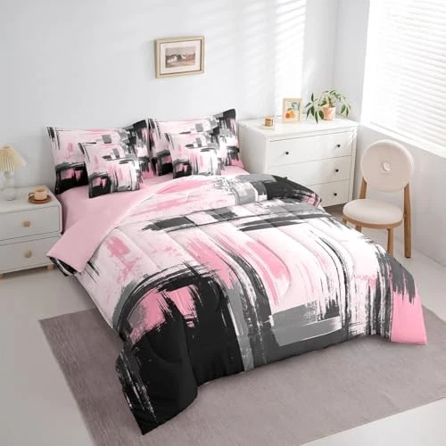  Juego de cama abstracto de 7 piezas cama de arte abstracto moderno en una cama doble rosa y gris Foto 2 de 4