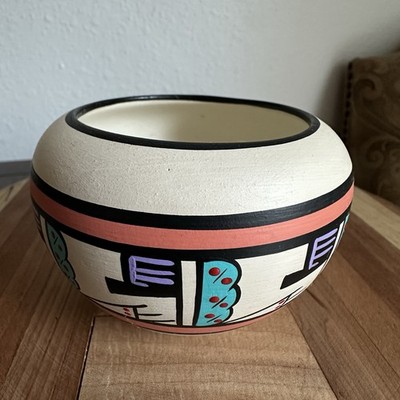 Native American Artisan Bowl 3.25 Inch Southwestern Geometric Signed Dawn USA