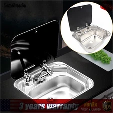 RV Caravan Camper Sink Stainless Steel Hand Wash Basin & Glass Lid & Faucet